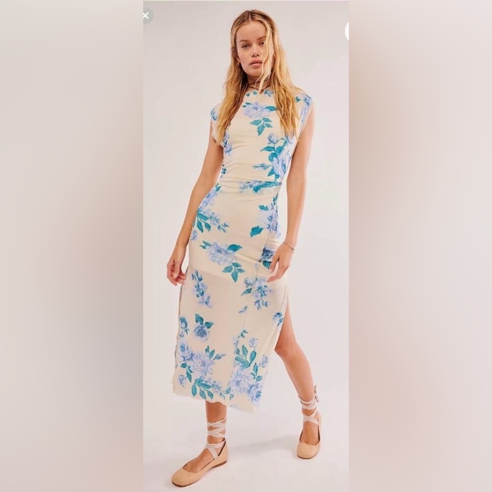 NWT Free People Carmel Midi Dress Sz XL blue‎ cream floral